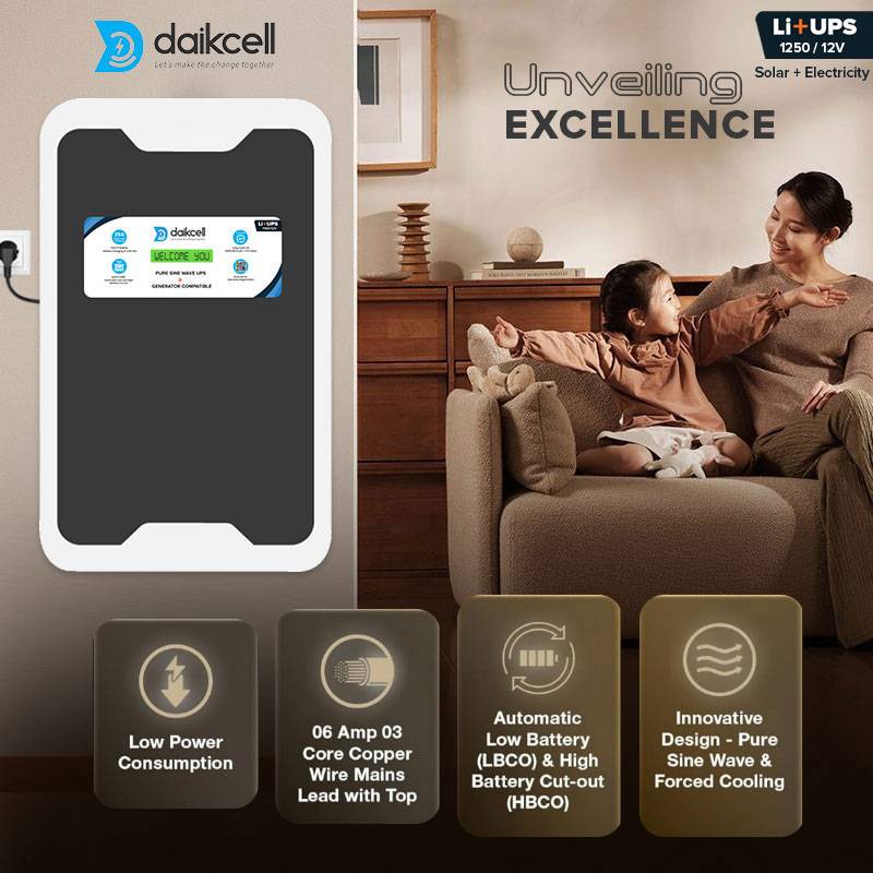 daikcell 3 in 1 inbuilt Lithium-ion Inverter Battery for Home |  Solar+Electricity Charging | Pure Sinewave 1100VA/12V | 1280Wh with 15 Year Life | Wall-Mountable | 5 Years Warranty - 1KVA