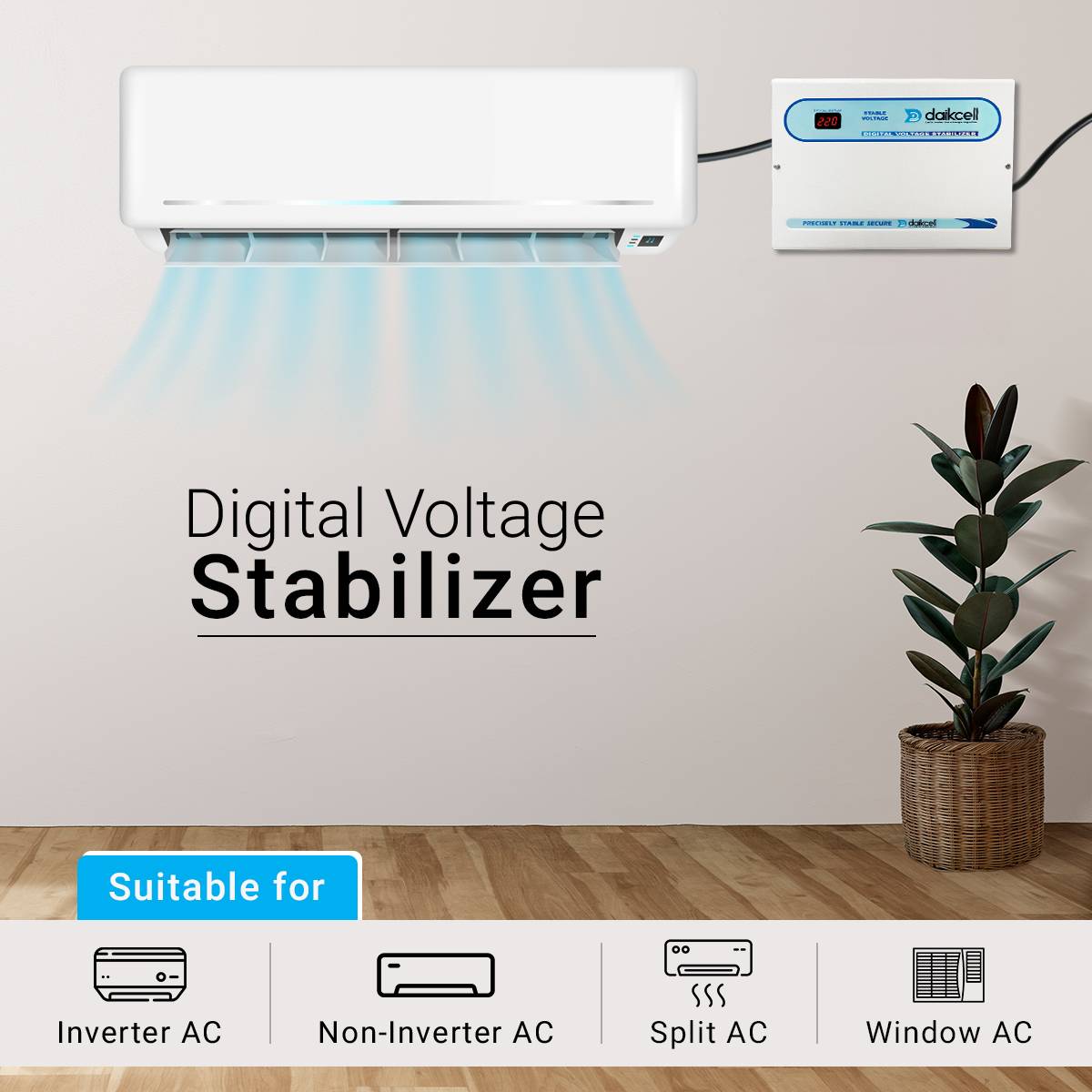 5 KVA 90V-300V Digital Voltage Stabilizer for All Inverter and Non-Inverter AC along with Digital Display & Intelligent Time Delay System - Upto 2.0 Ton AC - 4000W