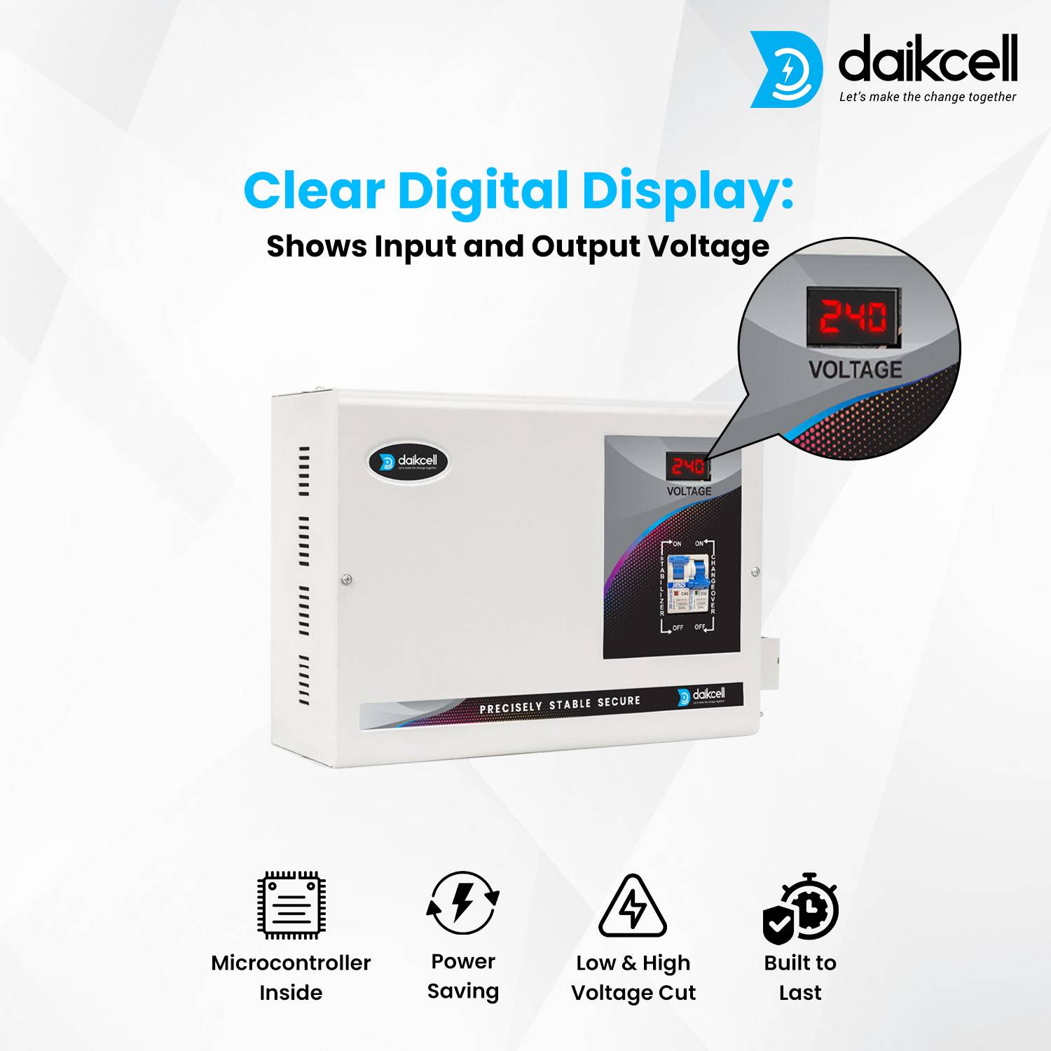 Daikcell DSR015 5 KVA voltage stabilizer with digital display showing output voltage