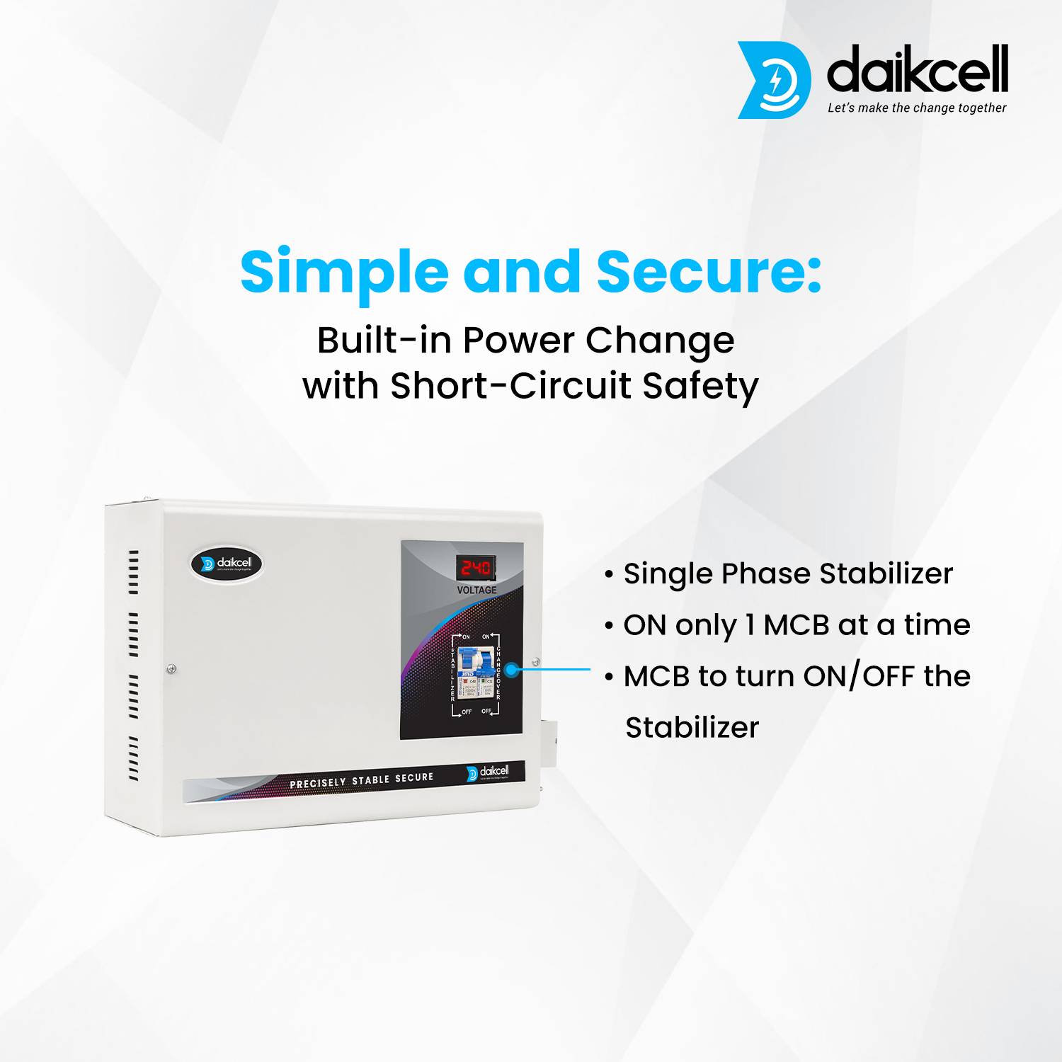 Daikcell DSR015 5 KVA mainline voltage stabilizer with built-in power changeover and short-circuit safety