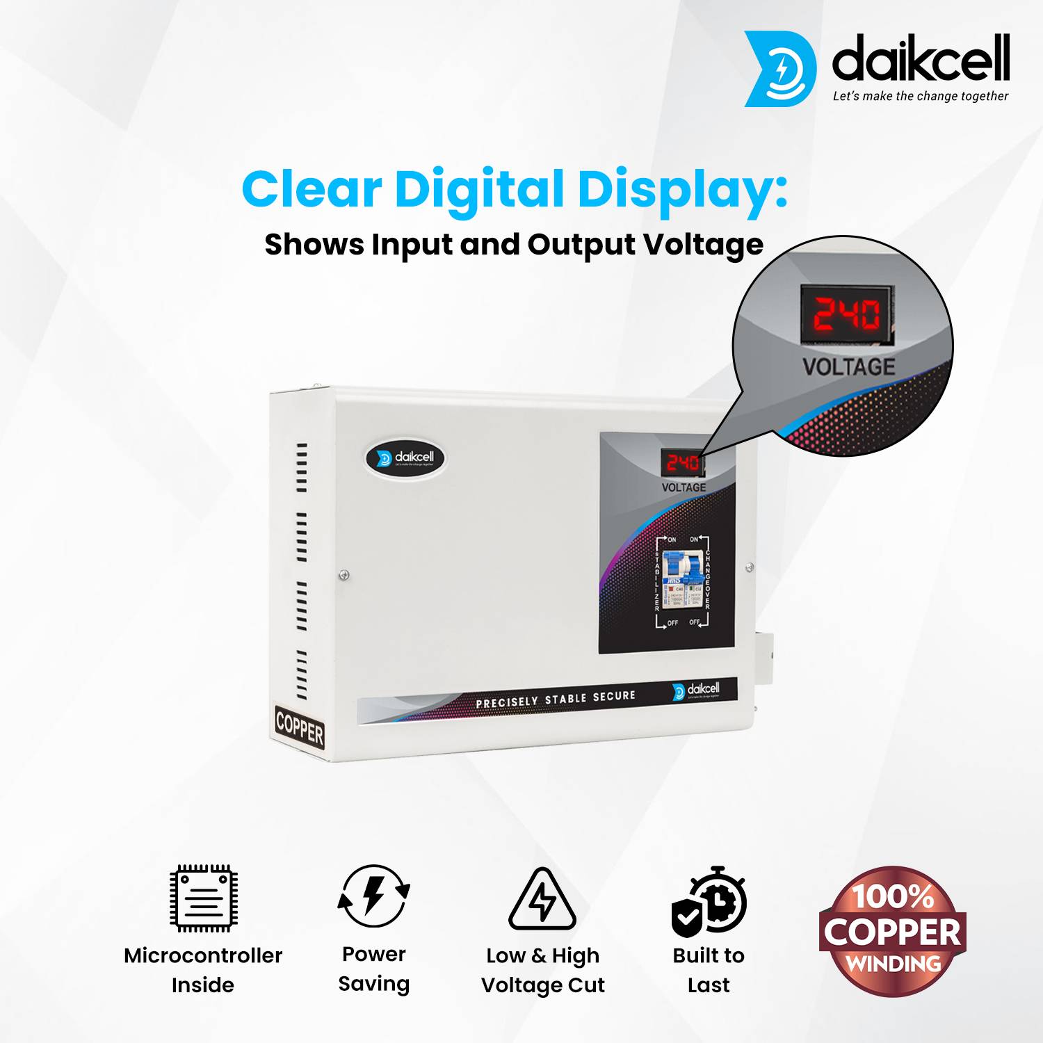 daikcell 5 KVA Copper 90V-300V Heavy Duty Mainline Voltage Stabilizer for Home - 4000W - 20 Amps Load - 5 Year Warranty - DSR016 - Grey - Single Phase